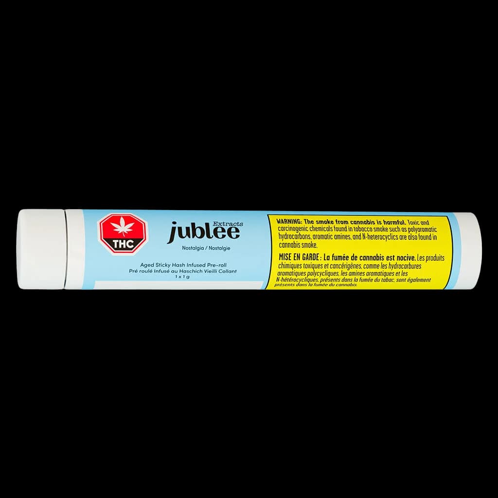 Jublee Extracts Nostalgia aged sticky hash infused pre-roll 5 x 1g pack with THC warning label
