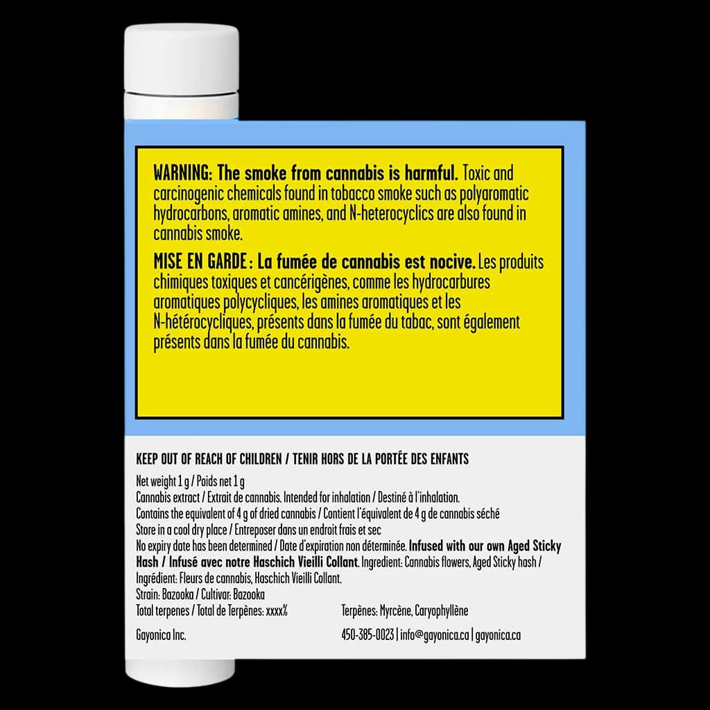 Gayonica Inc. cannabis extract 1g vial with yellow Health Canada warning label and bilingual regulatory information for Aged Sticky Hash infused pre-roll product