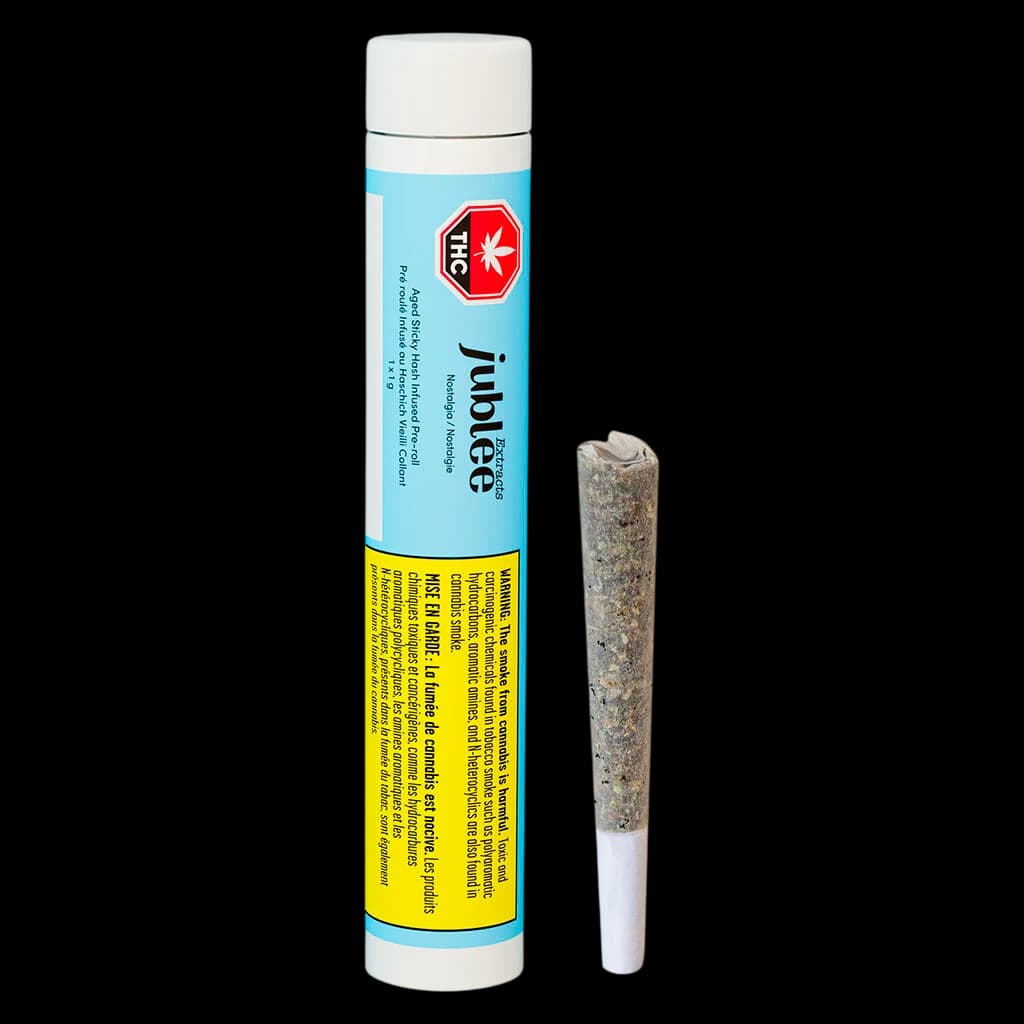 Jubilee Extracts Aged Sticky Hash Infused pre-roll with packaging tube displaying product details and regulatory information
