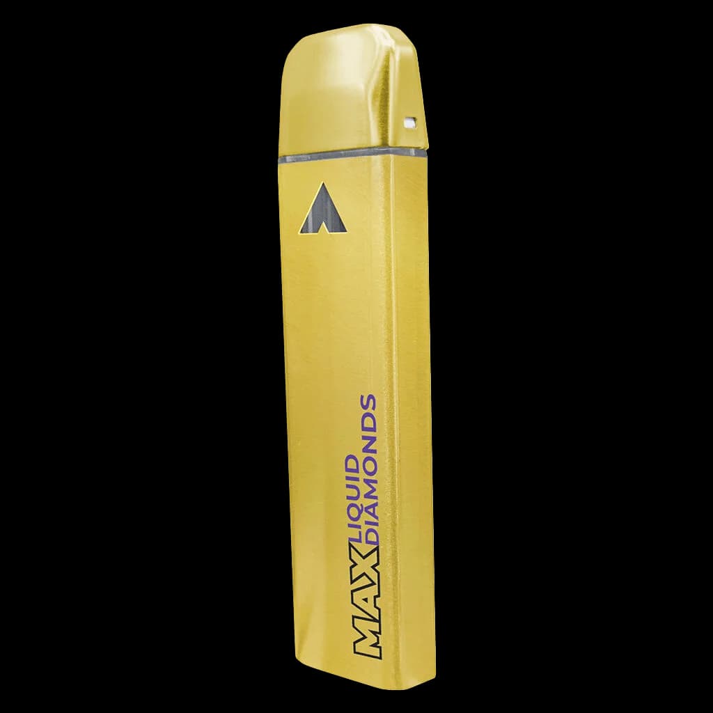 Weed Me Max Liquid Diamond Guava Passion Fruit disposable vape pen with yellow casing and dark triangle logo