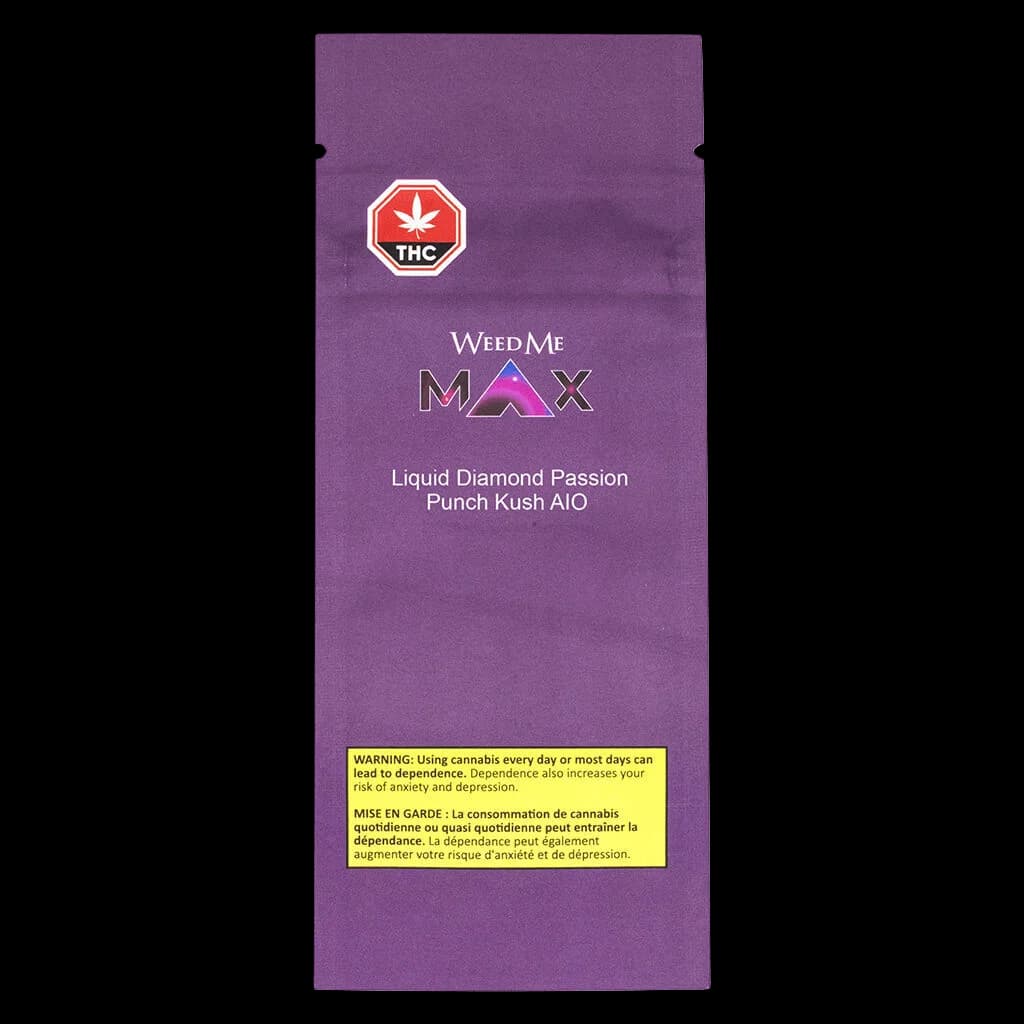Weed Me Max Liquid Diamond Passion Punch Kush AIO disposable vape pen packaging with purple background and red THC warning symbol