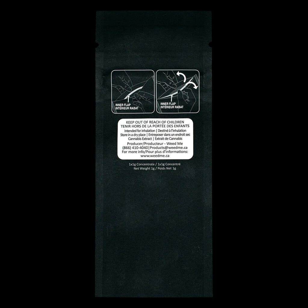Weed Me Max Liquid Diamond Guava Passion Fruit 1g cannabis concentrate pouch with inner flap instructions and safety warnings