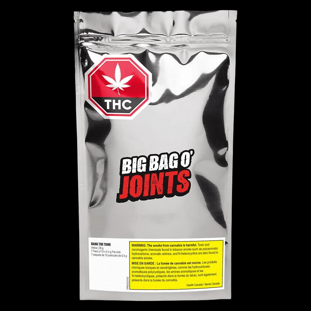 Big Bag O' Joints pre-roll pack with red THC warning symbol and yellow Health Canada warning label on front