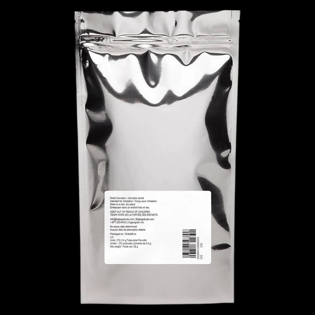 Dank The Tank Tube Style Pre-Roll pack, 28g net weight, silver and black mylar pouch with resealable top and regulatory label