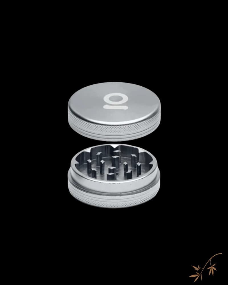 Ongrok 2-piece grinder, 2 inches, gun metal finish, shown assembled and disassembled to display teeth grinding chamber