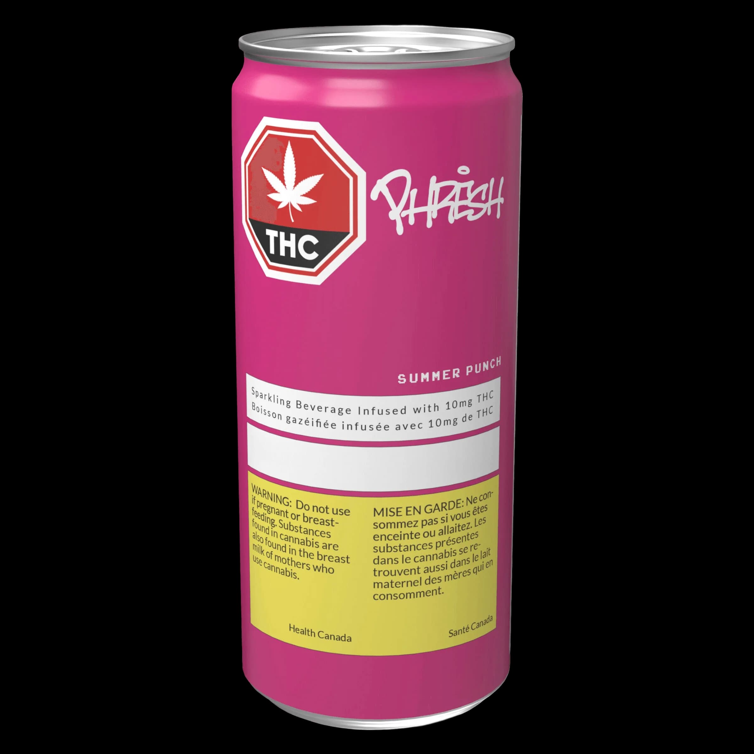 Phresh Summer Punch cannabis sparkling beverage, 10mg THC, magenta can with white and yellow warning labels