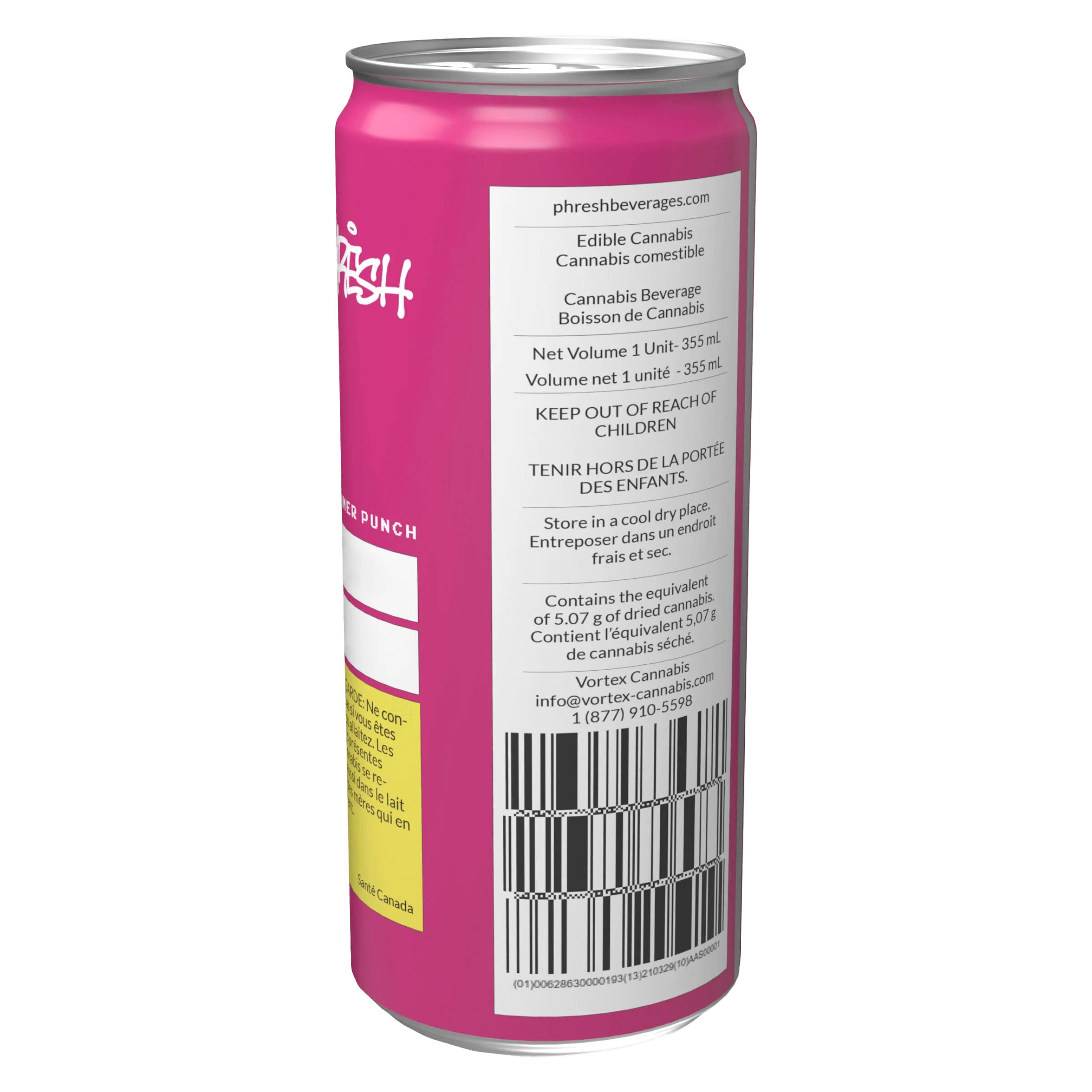 Phresh Summer Punch cannabis beverage, 355mL can with magenta packaging and white label showing edible cannabis details