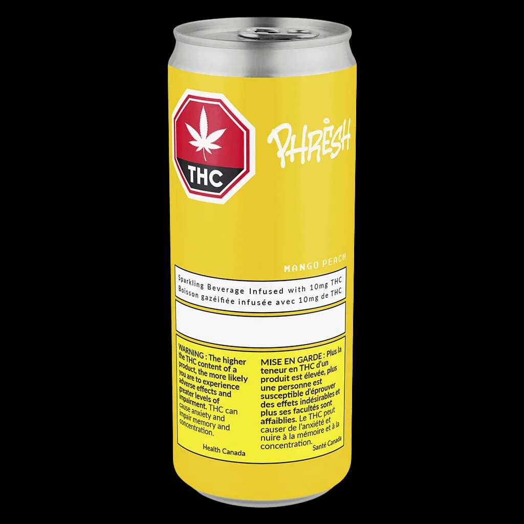 Phresh Mango Peach cannabis beverage can, 10mg THC sparkling drink with yellow label and red THC warning badge