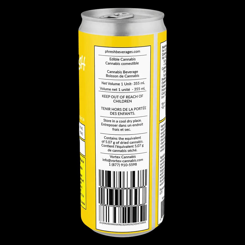 Phresh Mango Peach cannabis beverage, 355 mL can with yellow label and regulatory information