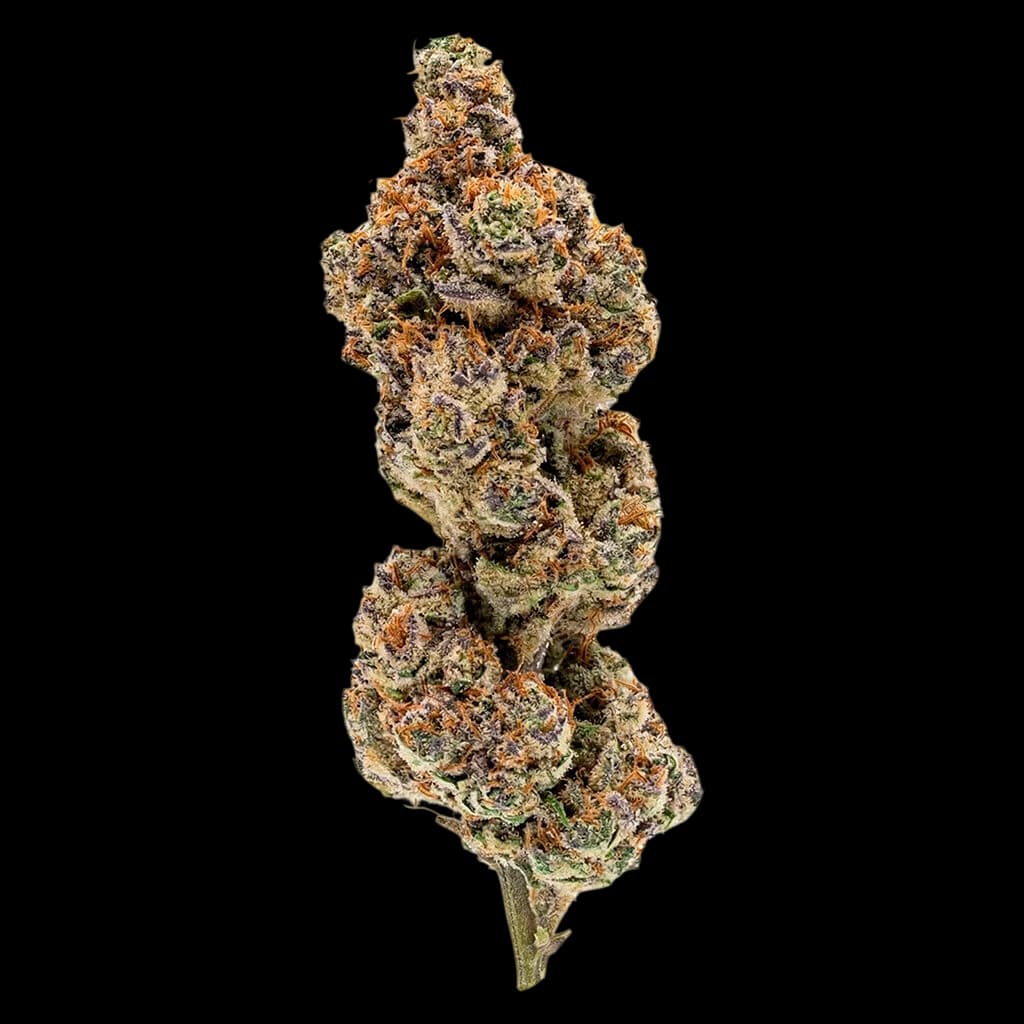 Overtime Punch Out cannabis dried flower with dense, resinous buds displaying golden, orange, and green tones