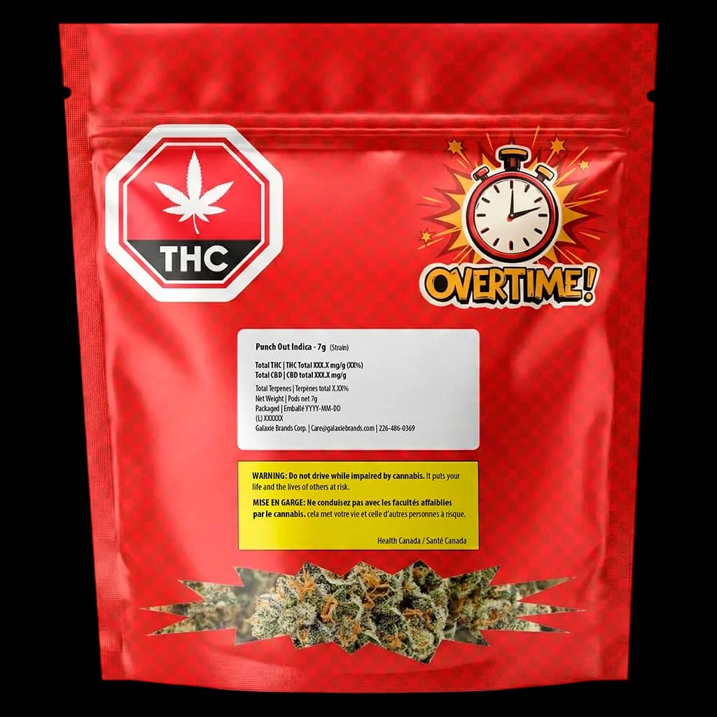 Punch Out Indica 7g cannabis dried flower package with red pouch, THC symbol, stopwatch logo, and visible flower buds