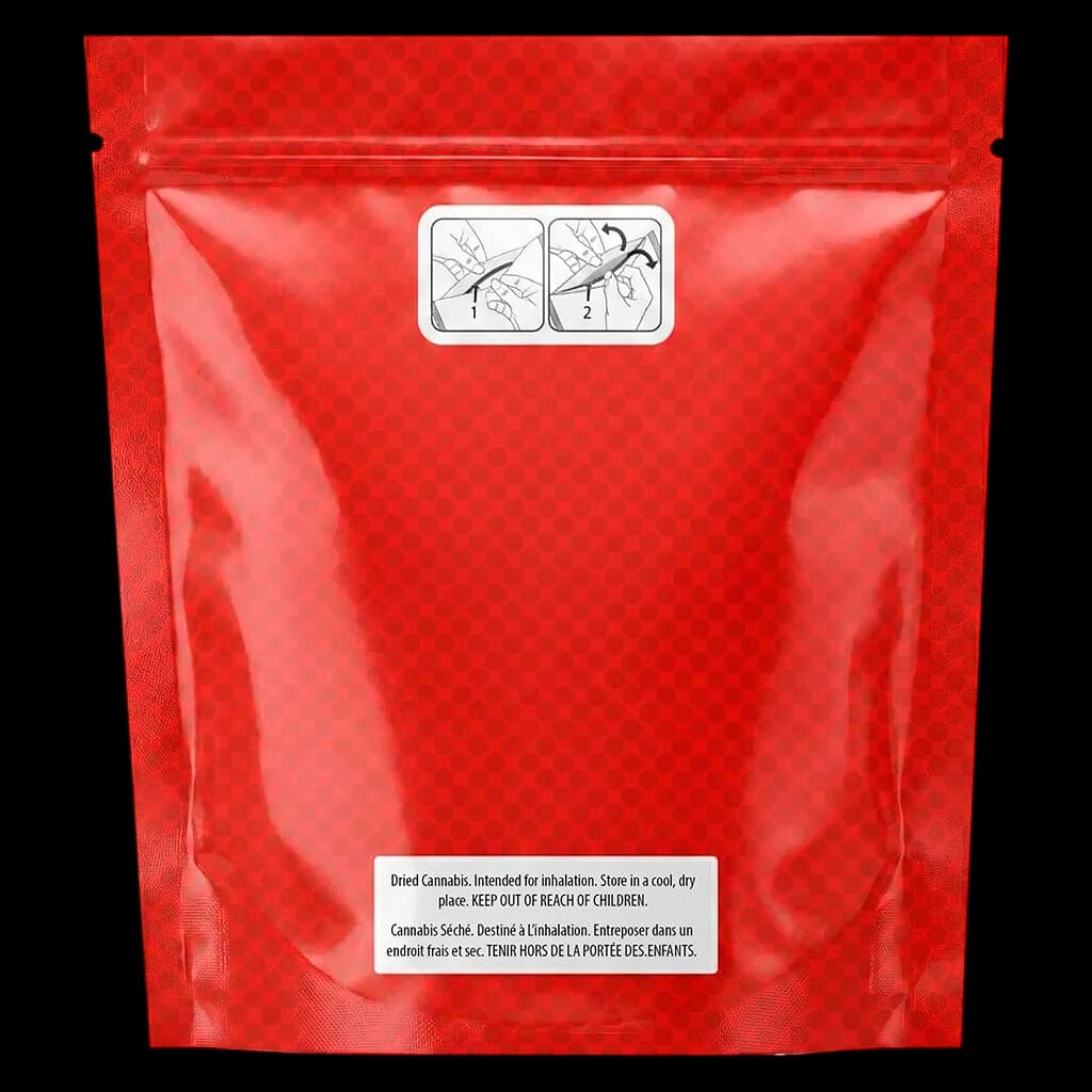 Overtime Punch Out dried cannabis flower in red mylar pouch with child-resistant tear notches and bilingual warning label