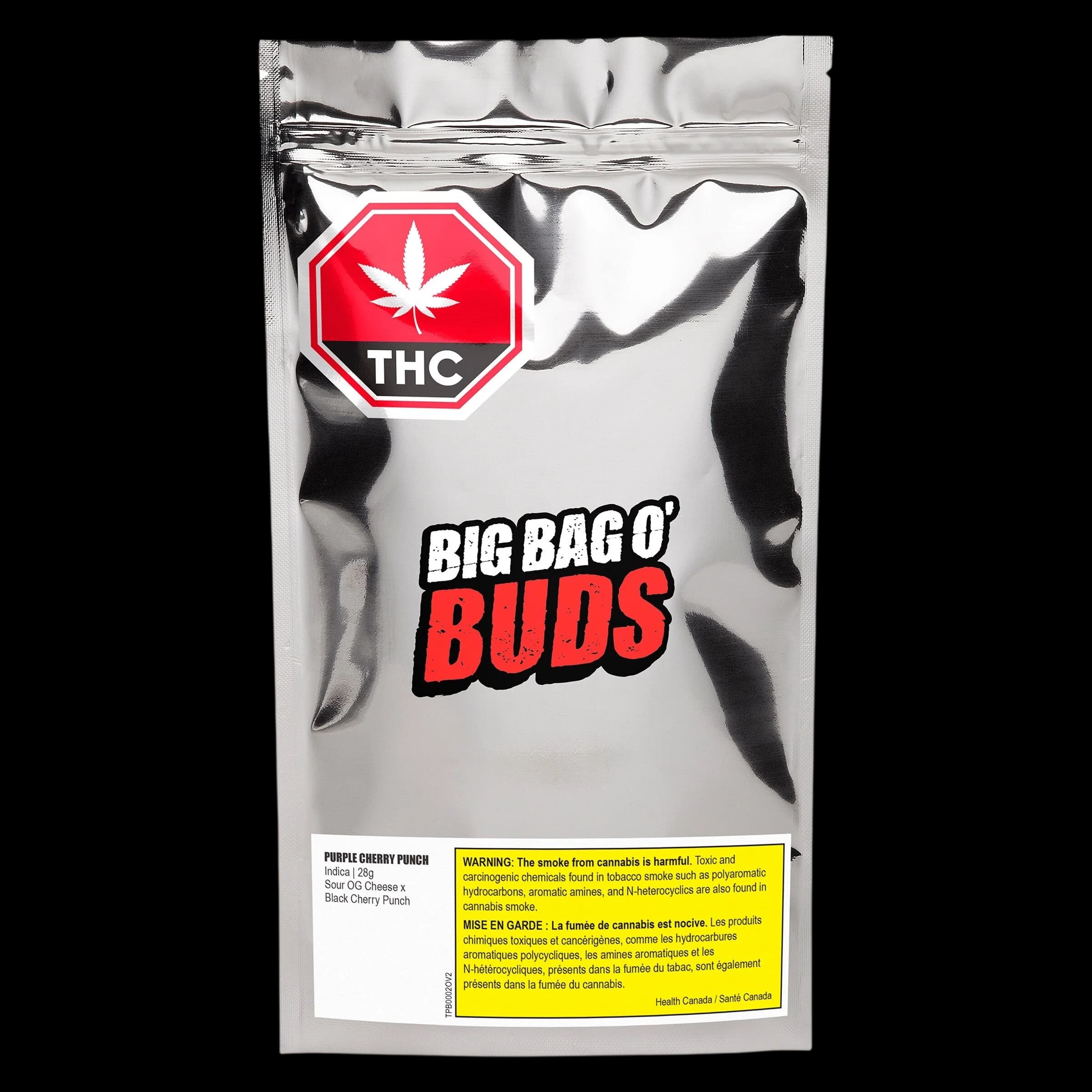 Big Bag O' Buds Purple Cherry Punch 28g dried flower cannabis pouch with red THC label
