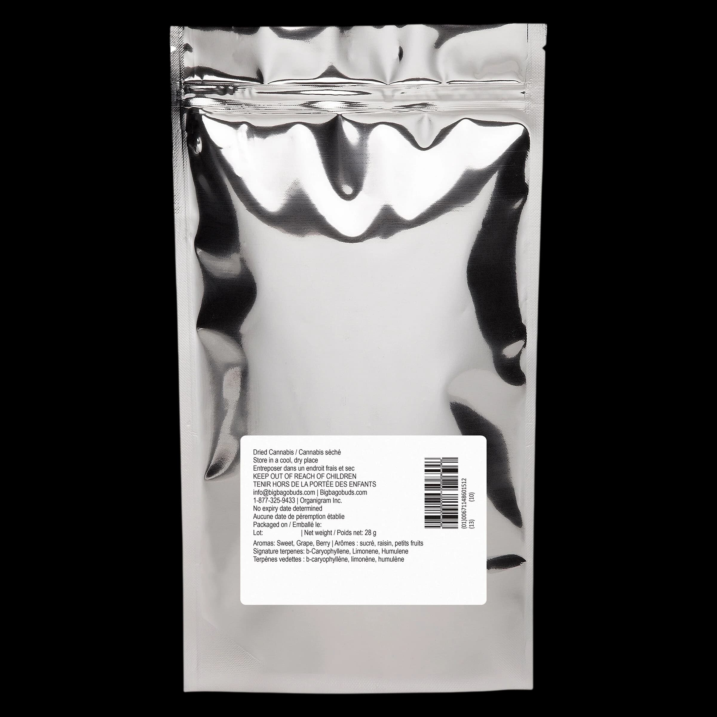 Big Bag O' Buds Purple Cherry Punch 28g dried cannabis flower in silver mylar pouch with bilingual label and barcode