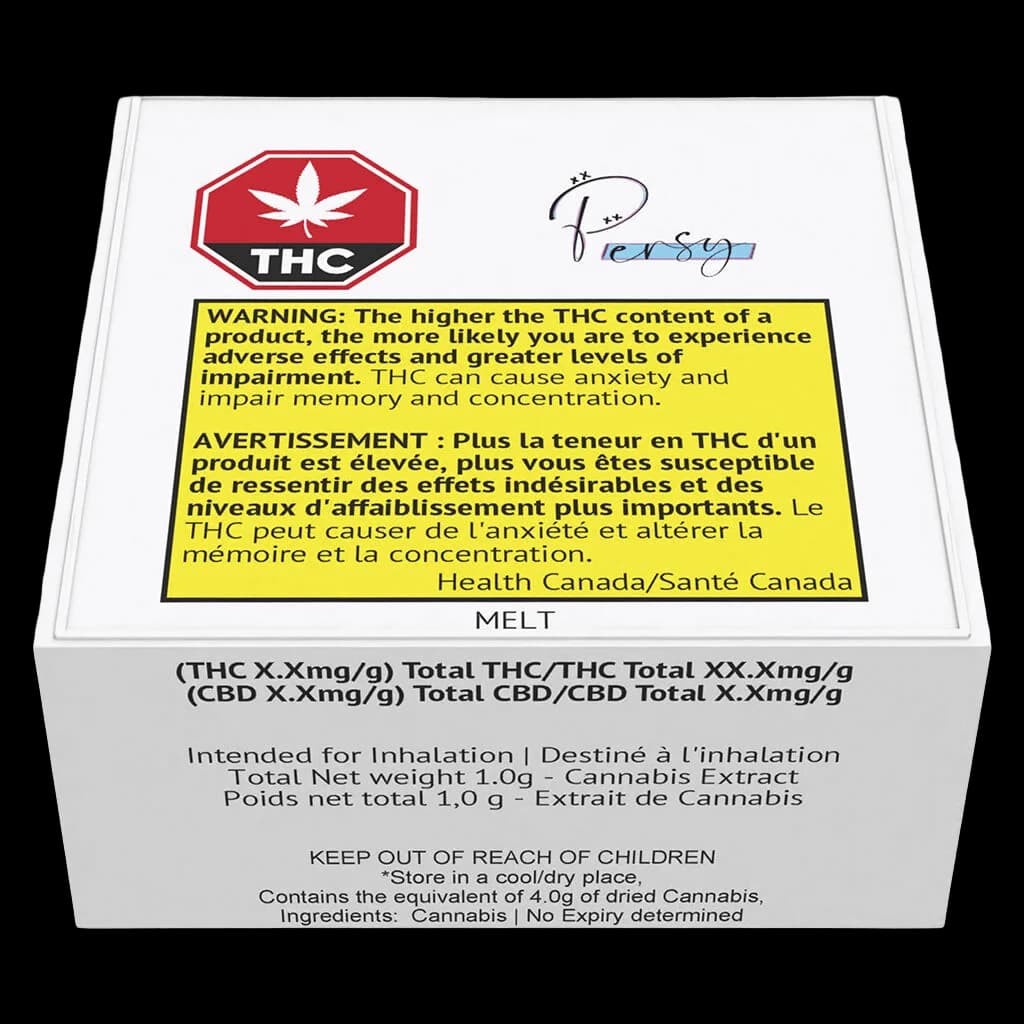 Persy Melt cannabis concentrate 1.0g package front with THC warning label and Health Canada regulatory information