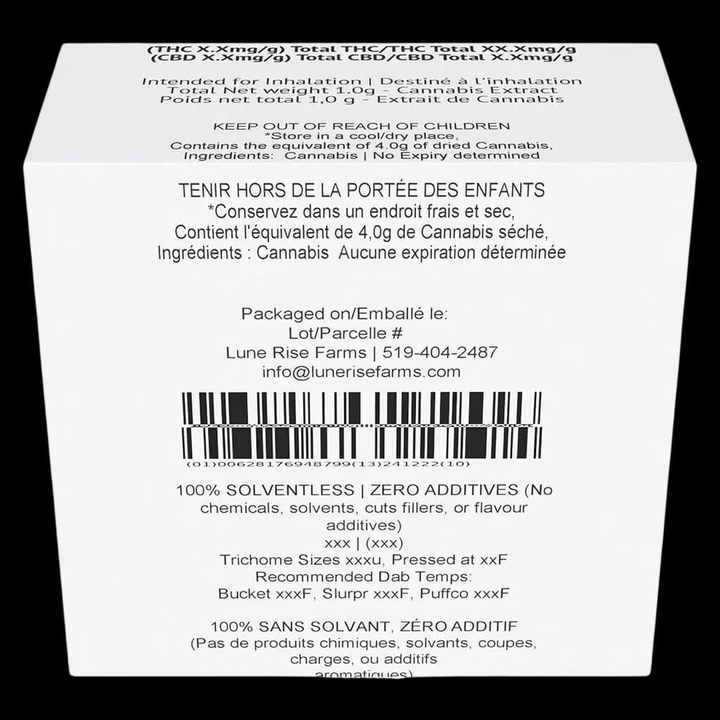 Persy Melt hash back label showing THC/CBD potency, cannabis extract weight 1.0g, solventless production, and Health Canada warnings in English and French