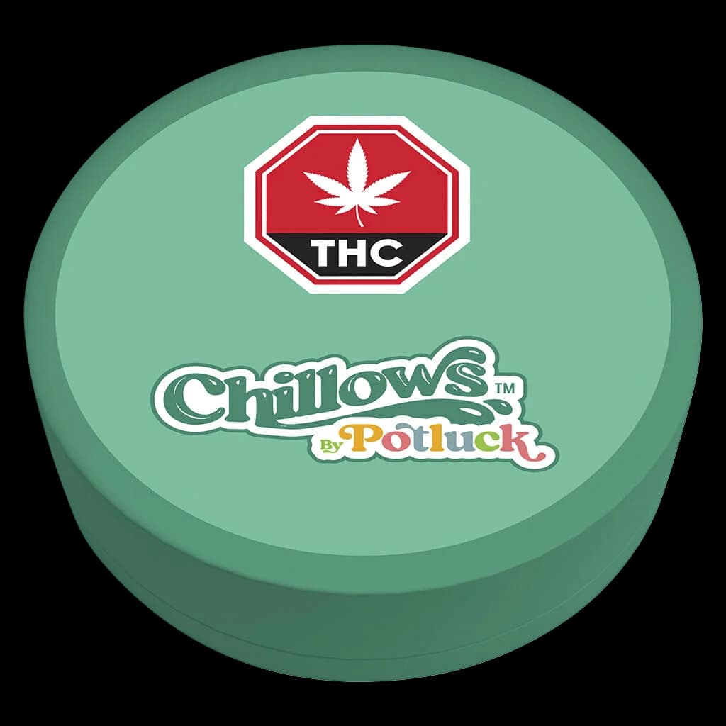 Potluck Chillows sublingual strips container with THC warning symbol and mint-green lid