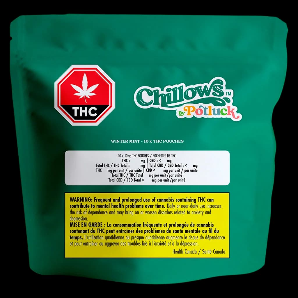 Chillows by Potluck Winter Mint 10-pack THC pouches, green resealable pouch with red THC warning symbol and Health Canada label