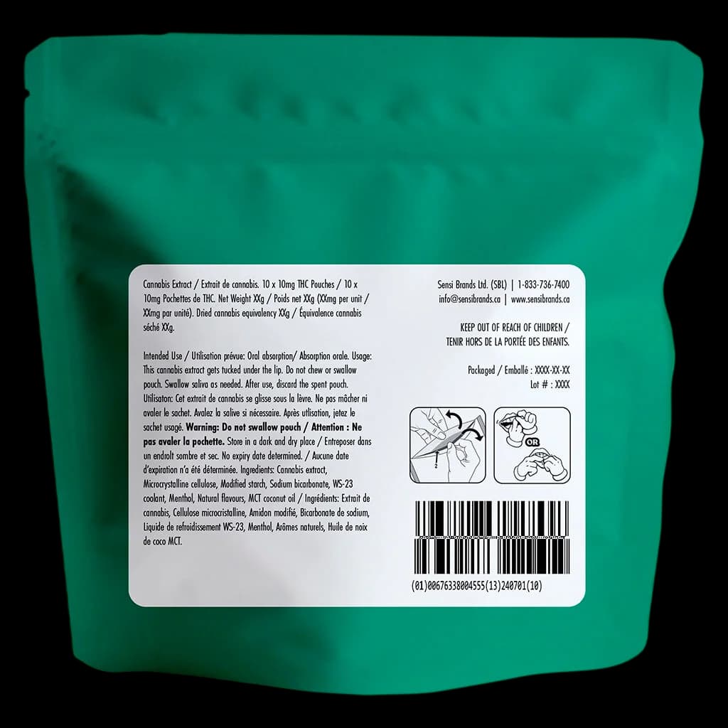 Sensi Brands cannabis extract sublingual strips, 10x10mg THC pouches, green resealable pouch with bilingual label and barcode