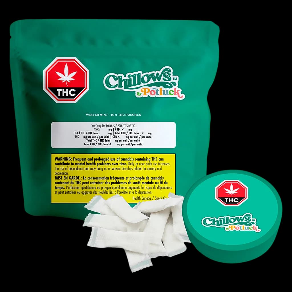 Potluck Chillows Winter Mint 10-pack THC sublingual strips in green pouch with white pouches displayed