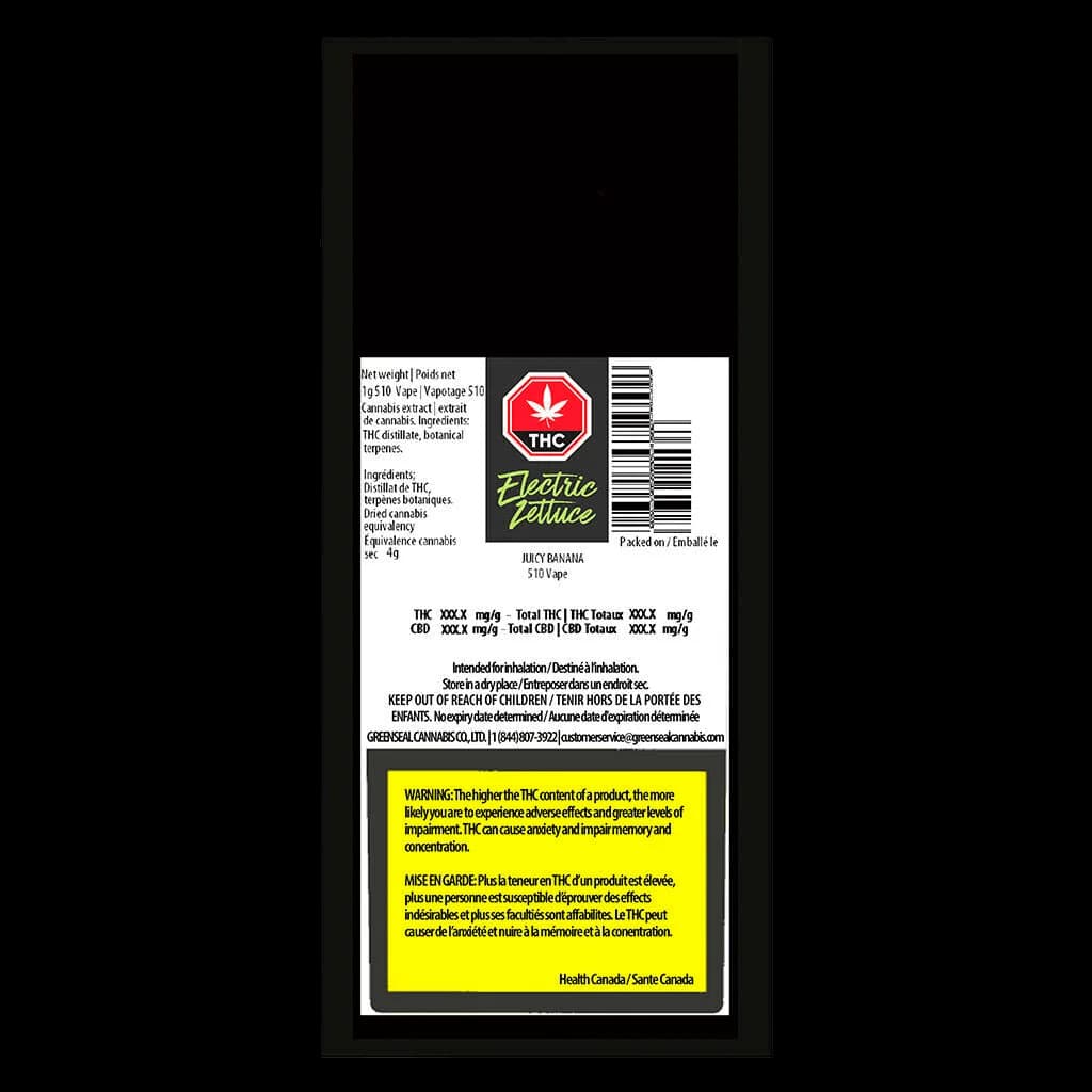 Electric Lettuce Juicy Banana 510 vape cartridge package rear showing THC warning label, potency info, and Health Canada regulatory text