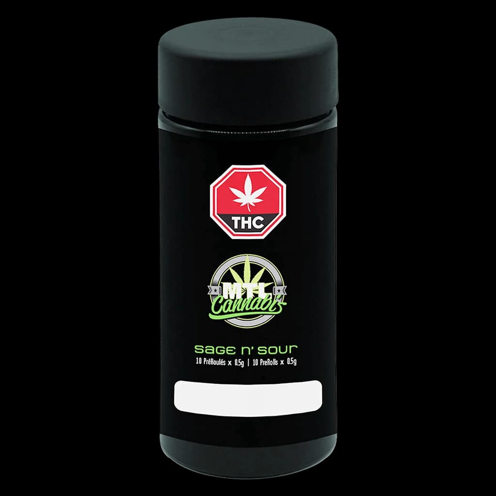 MTL Cannabis Sage n' Sour pre-roll pack with black cylinder container, red THC warning symbol, and green branding showing 10 prerolls x 0.5g