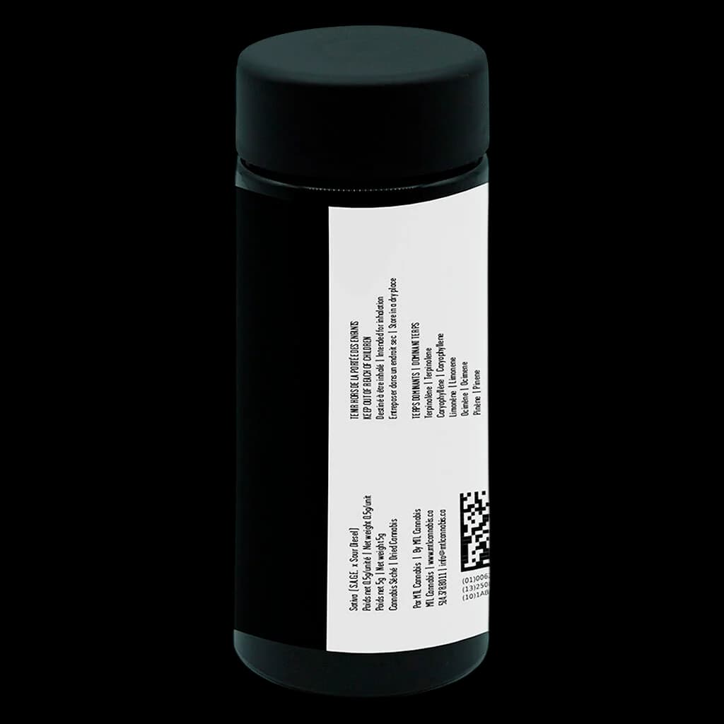 Sage n' Sour pre-roll pack by MTL Cannabis in black cylindrical tube with white label