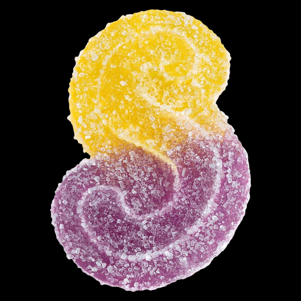 SOURZ by Spinach Peach Passionfruit 1:1 CBN THC gummy with yellow and purple sugar coating