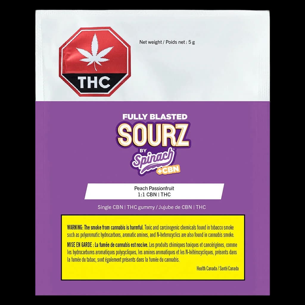 Fully Blasted Sourz by Spinach Peach Passionfruit 1:1 CBN THC gummy, 5g package with Health Canada warning label