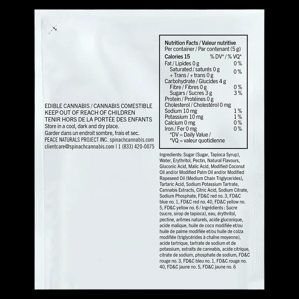 SOURZ by Spinach Fully Blasted Peach Passionfruit 1:1 CBN THC gummy package rear showing nutrition facts, ingredients, bilingual warnings, and storage instructions
