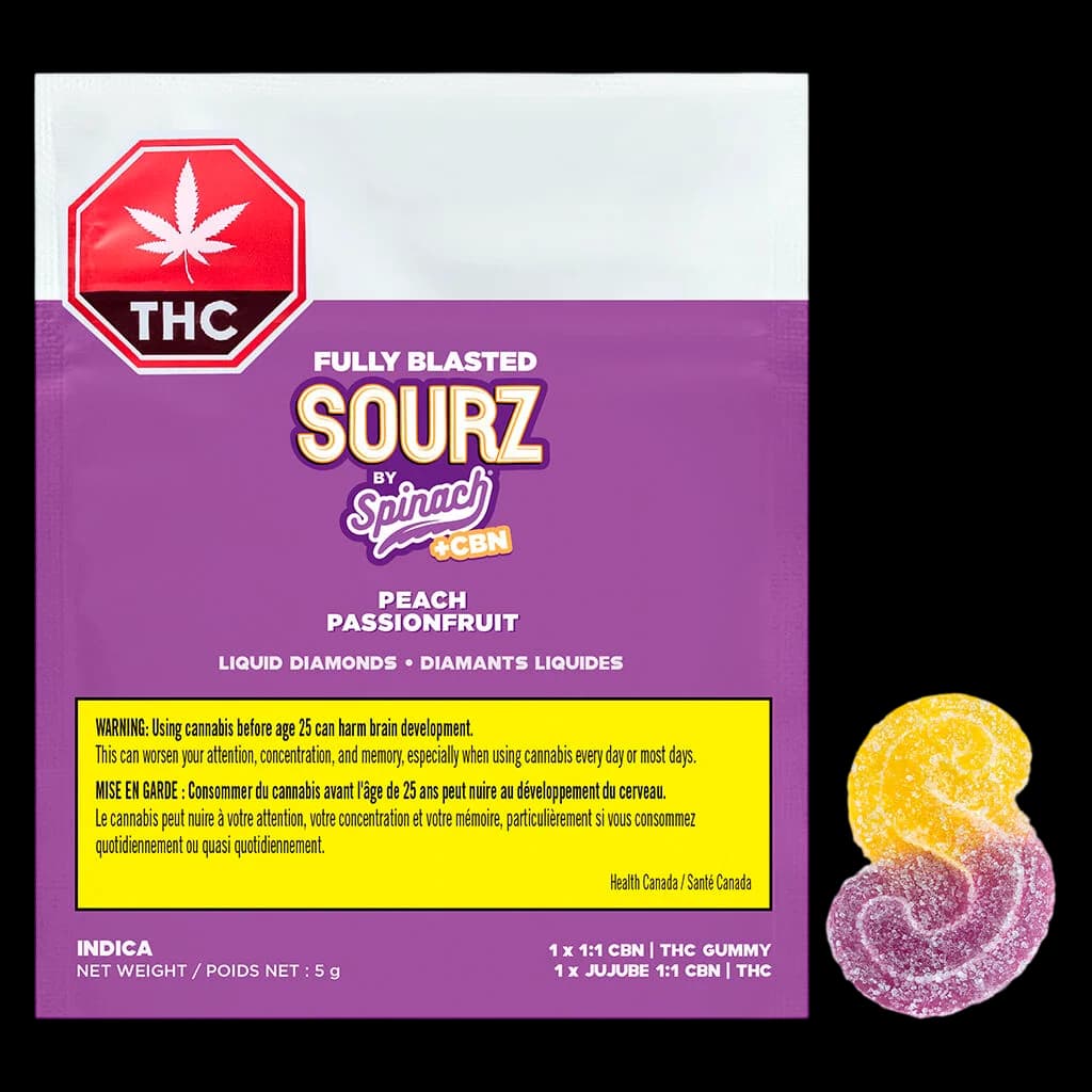 Fully Blasted Sourz by Spinach Peach Passionfruit 1:1 CBN THC gummy, 5g package with yellow and pink liquid diamonds candy beside packaging