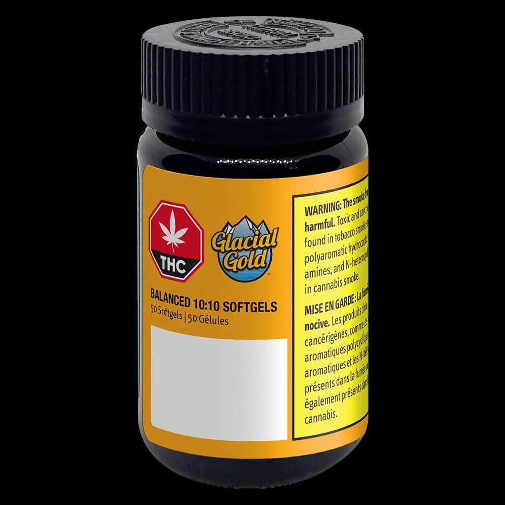 Glacial Gold Balanced 10:10 Softgels, 50-count bottle with black cap and yellow label showing THC warning symbol