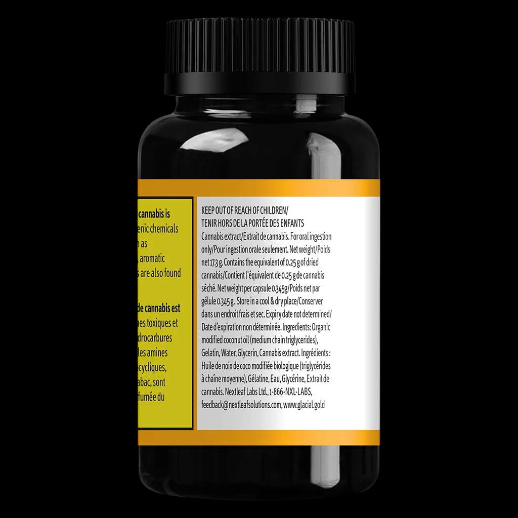 Glacial Gold Balanced 10:10 softgel capsules, 173g bottle with black cap and gold label showing ingredient and dosage information