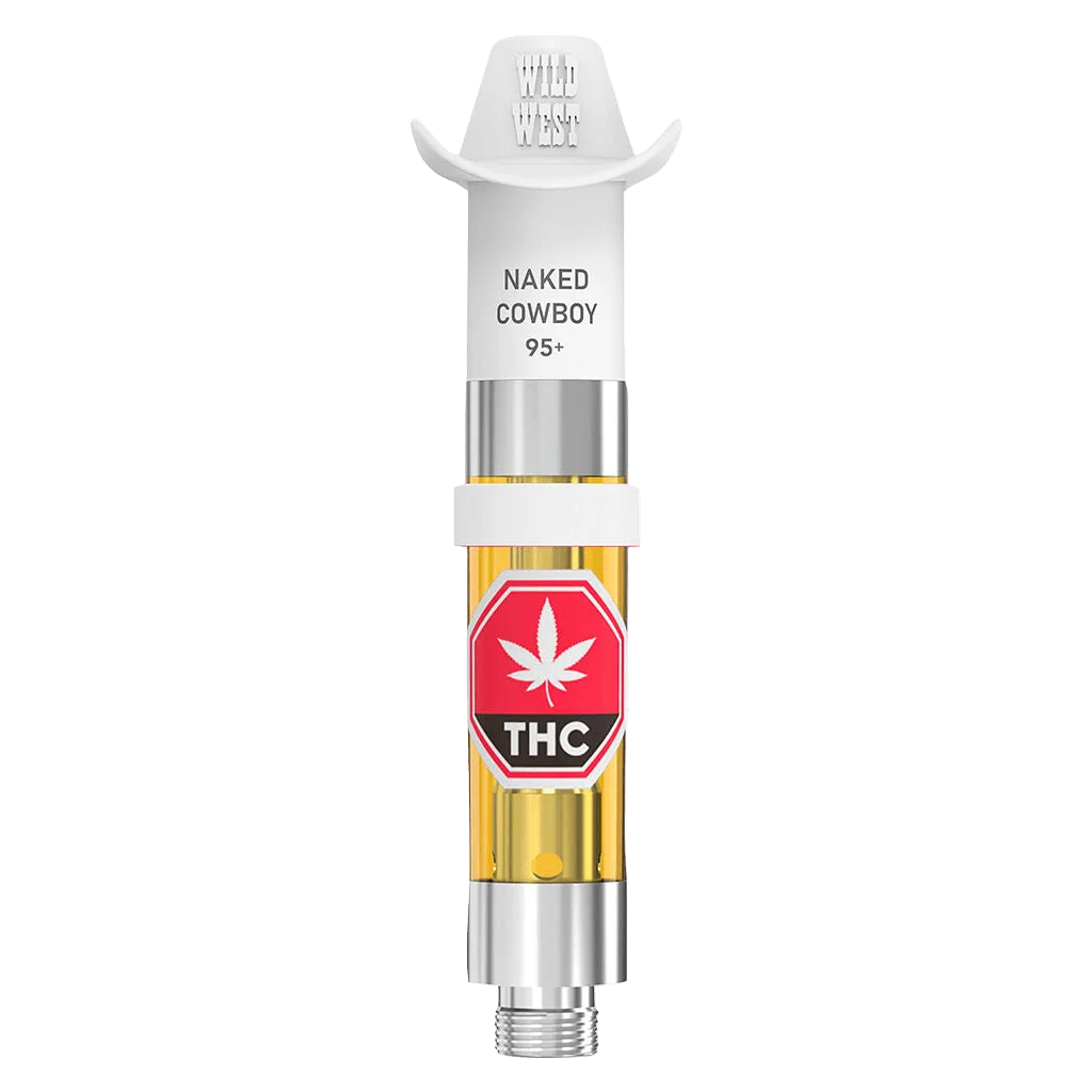 Naked Cowboy 95+ cannabis vape cartridge with gold oil, red THC badge, and white cowboy hat-topped mouthpiece
