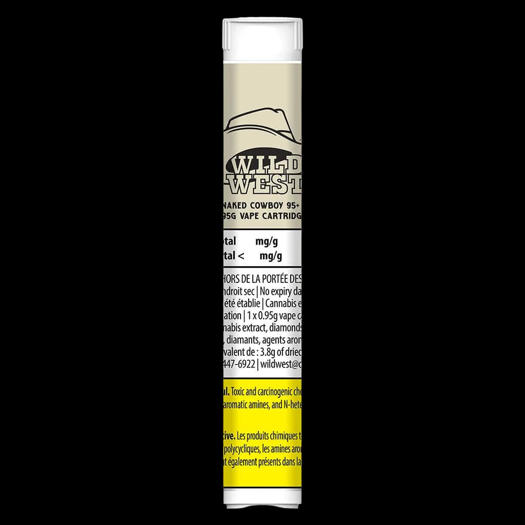 Wild West Naked Cowboy 95+ Liquid Diamonds 0.95g cannabis vape cartridge with cream label, potency details, and yellow Health Canada warning band