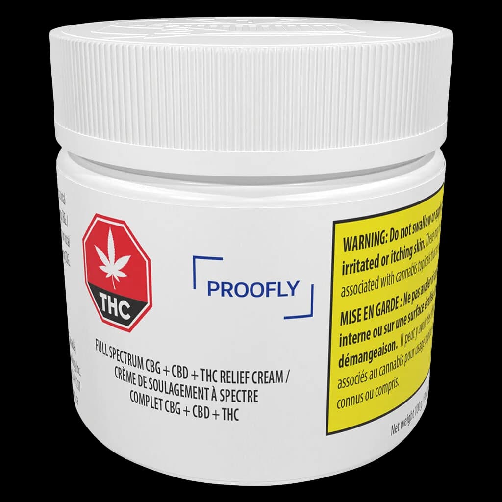 Proofly Full Spectrum CBG + CBD + THC Relief Cream jar with white lid and Health Canada warning label