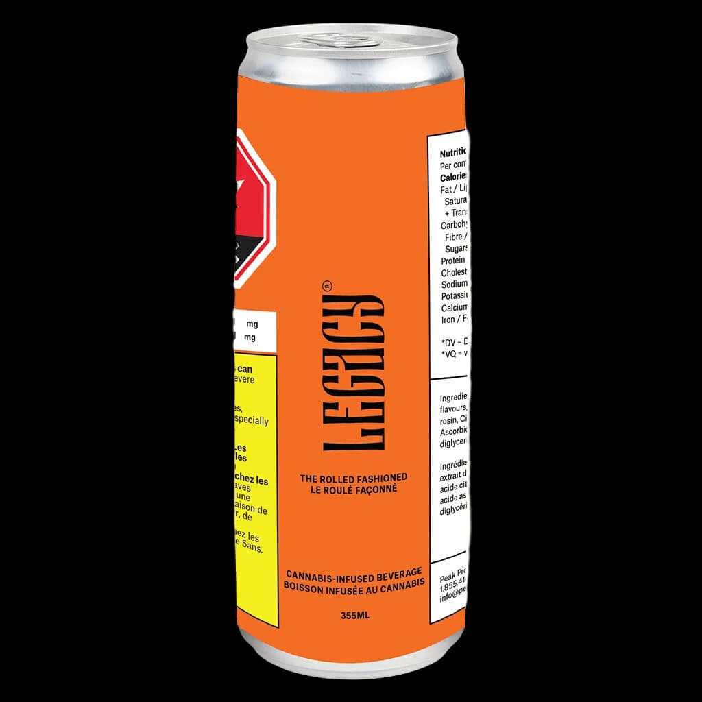 Legacy The Rolled Fashioned cannabis-infused beverage, 355ml can with orange label and black branding