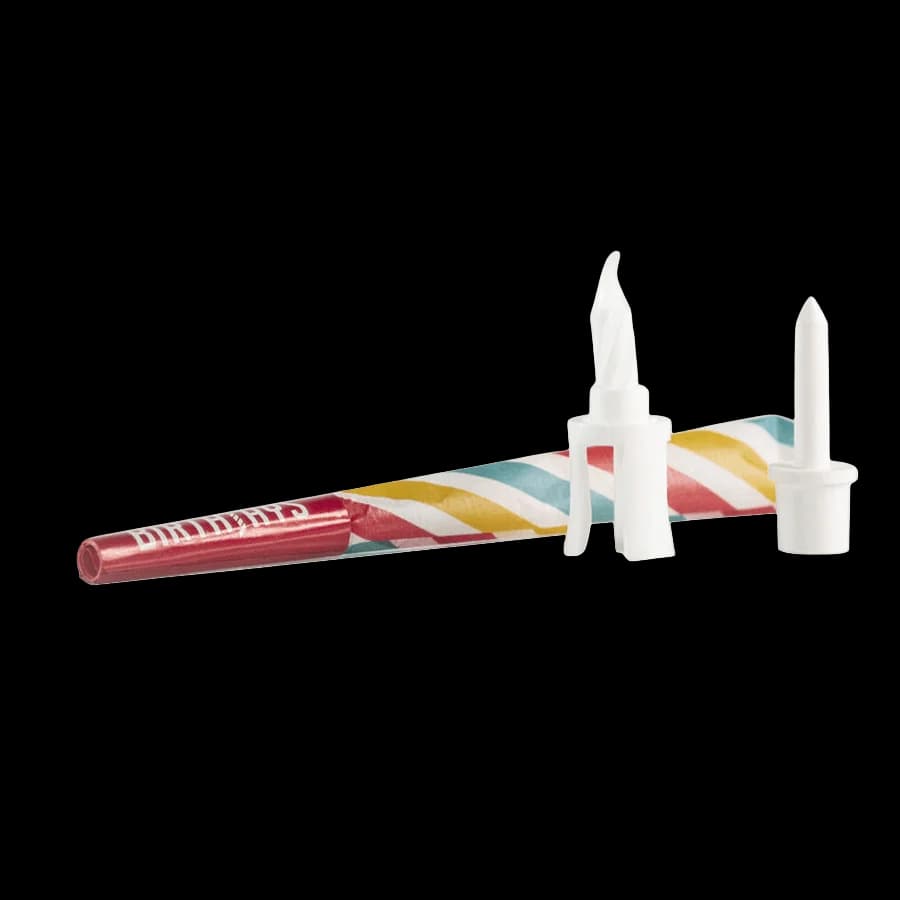Birthjays cannabis pre-roll with striped birthday candles and white holders on white background