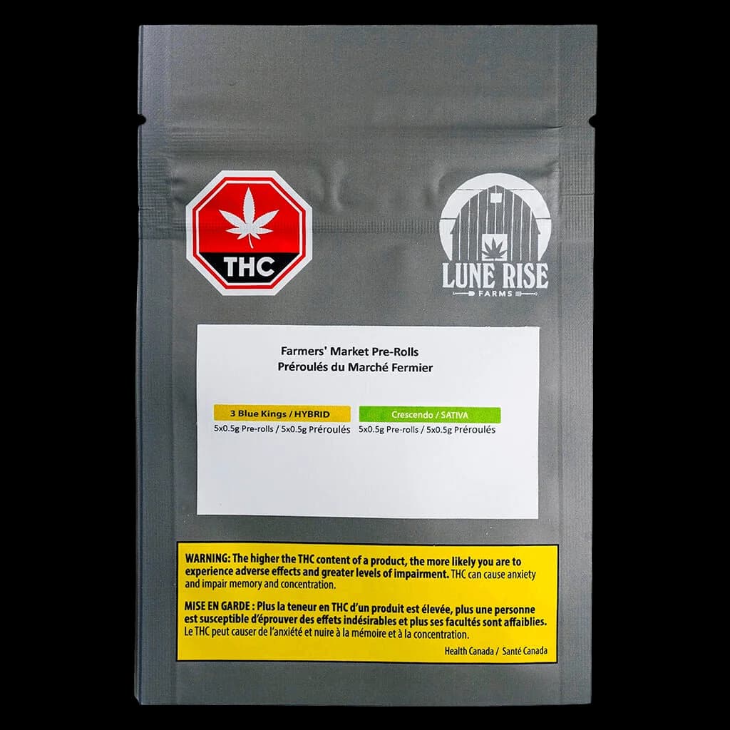 Lune Rise Farms Farmers' Market Pre-Rolls variety pack with 3 Blue Kings hybrid and Crescendo sativa strains, 5x0.5g pre-rolls each