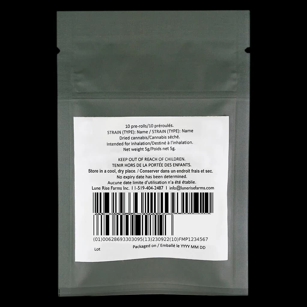 Lune Rise Farms pre-roll pack, 10-pack, 5g net weight, sealed green pouch with white label showing bilingual product information and barcode