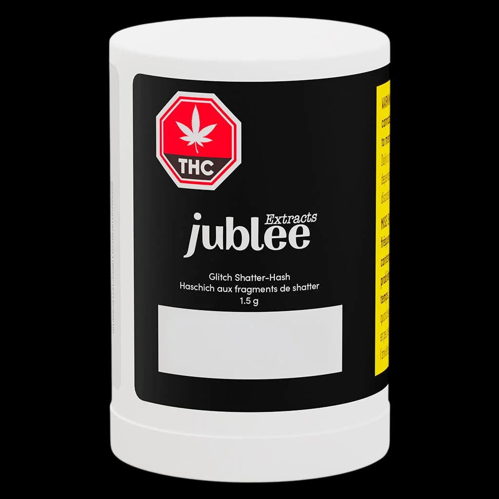 Jublee Extracts Glitch Shatter-Hash 1.5g cannabis concentrate in white cylindrical container with black label