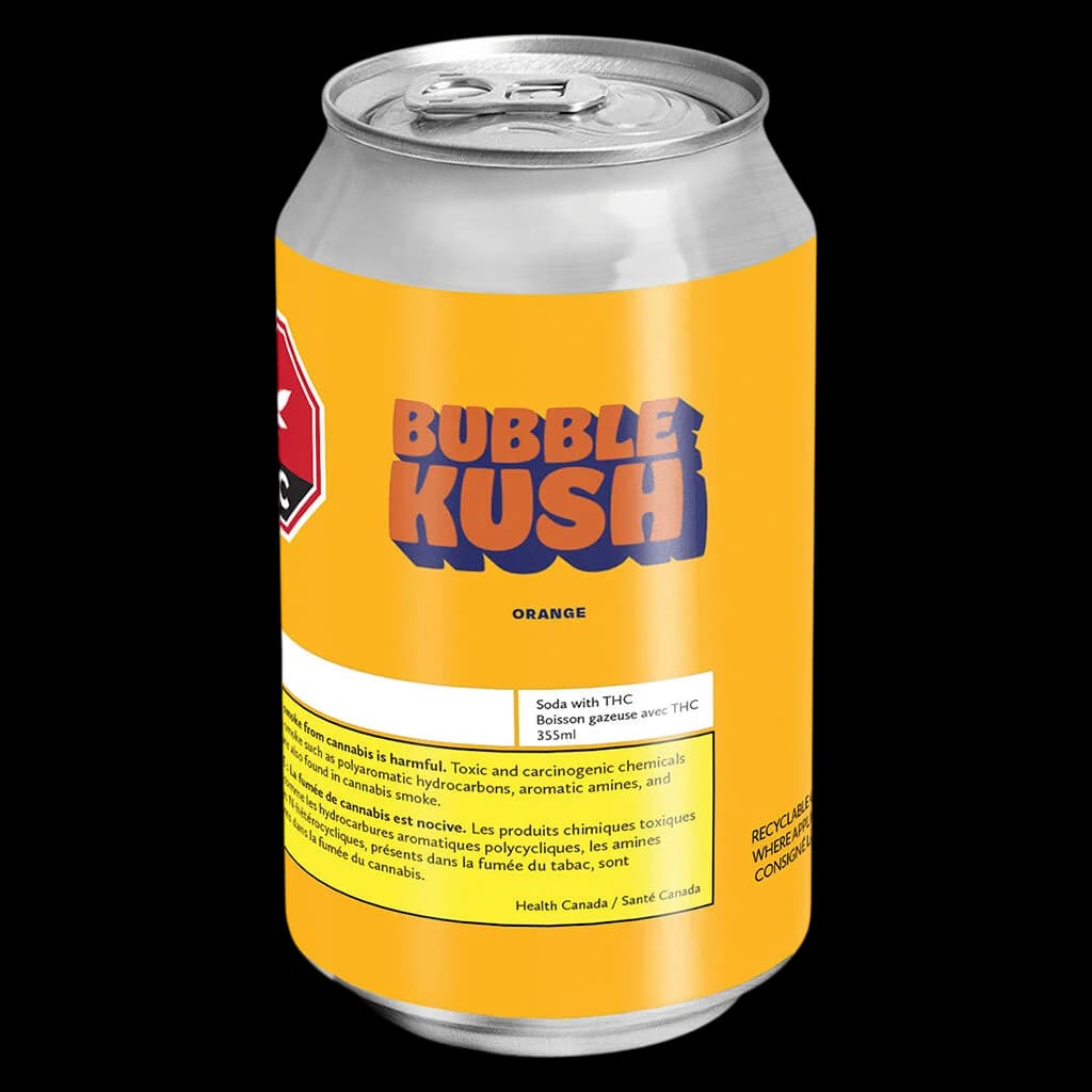 Bubble Kush Orange soda with THC, 355ml can with yellow label and blue branding
