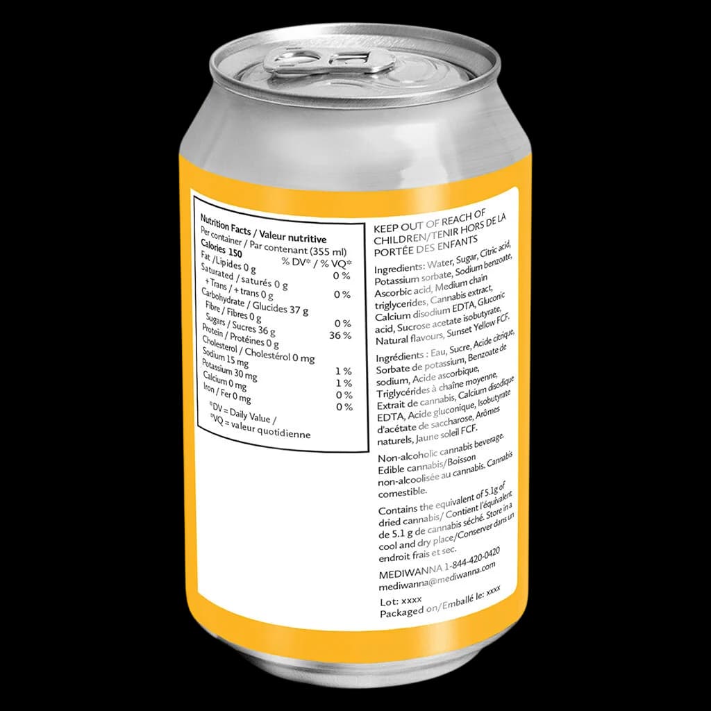 Mediwanna orange cannabis beverage can with nutrition facts label and bilingual ingredients visible