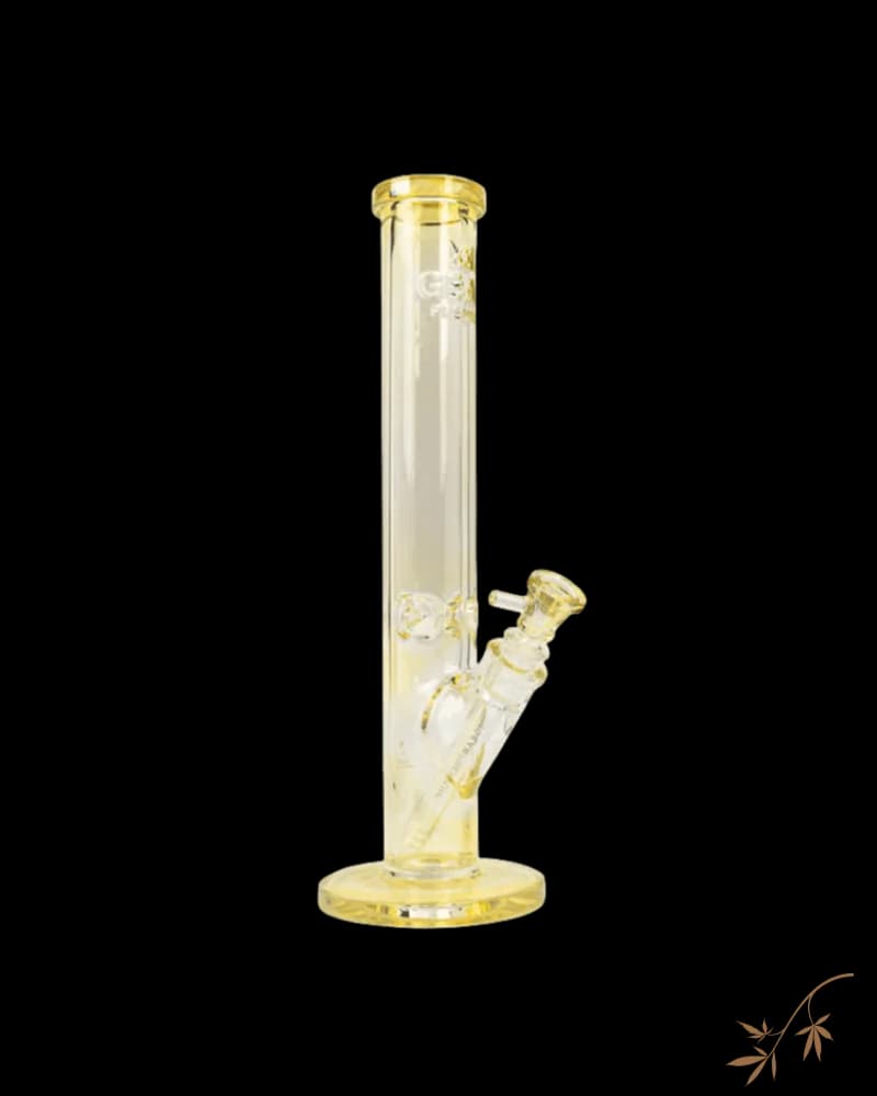 Gear Premium straight tube water bong with debossed logo, 7mm thick borosilicate glass, yellow tint, angled downstem and yellow base