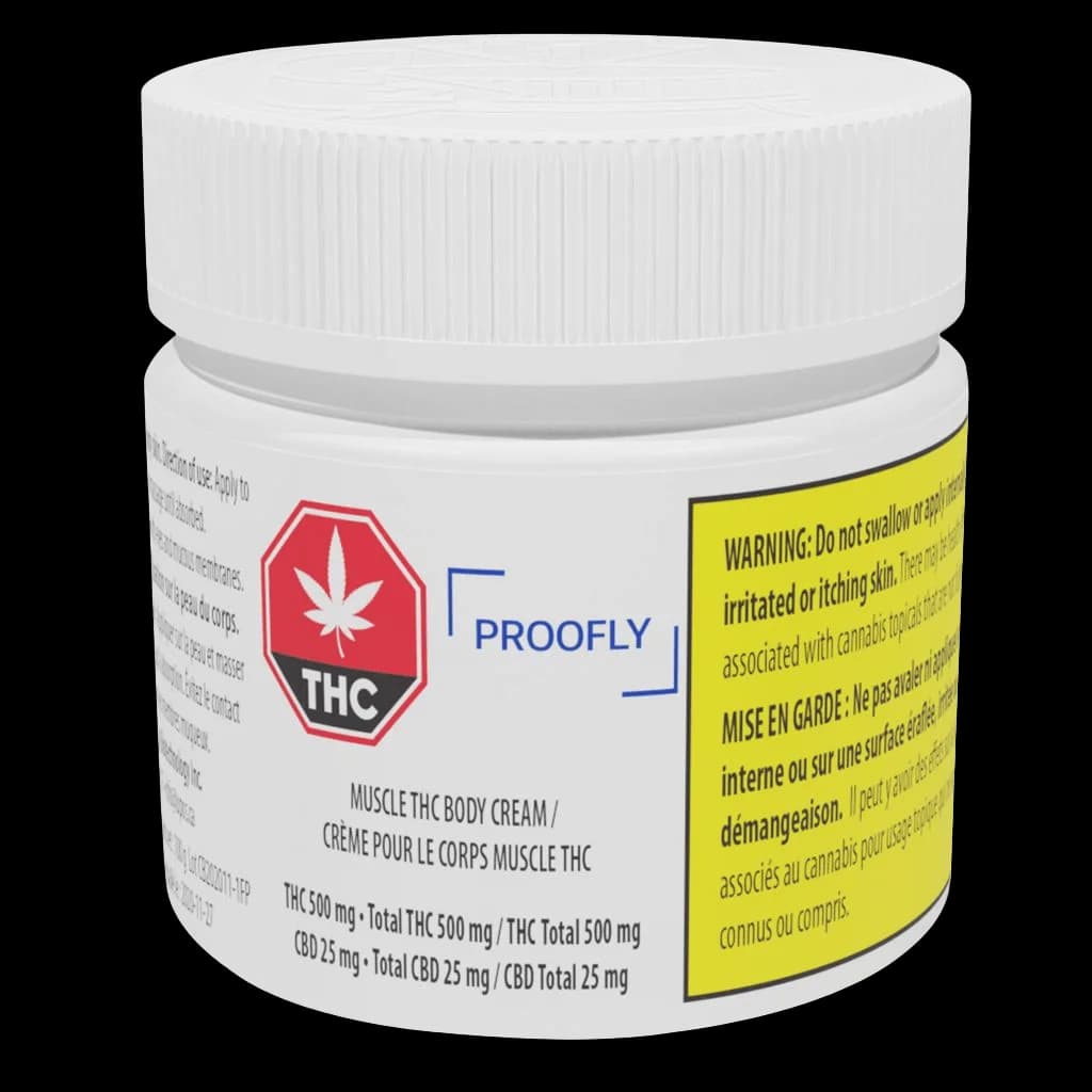 Proofly Muscle THC Body Cream jar with white screw cap, 500 mg THC, showing red THC symbol and yellow Health Canada warning label