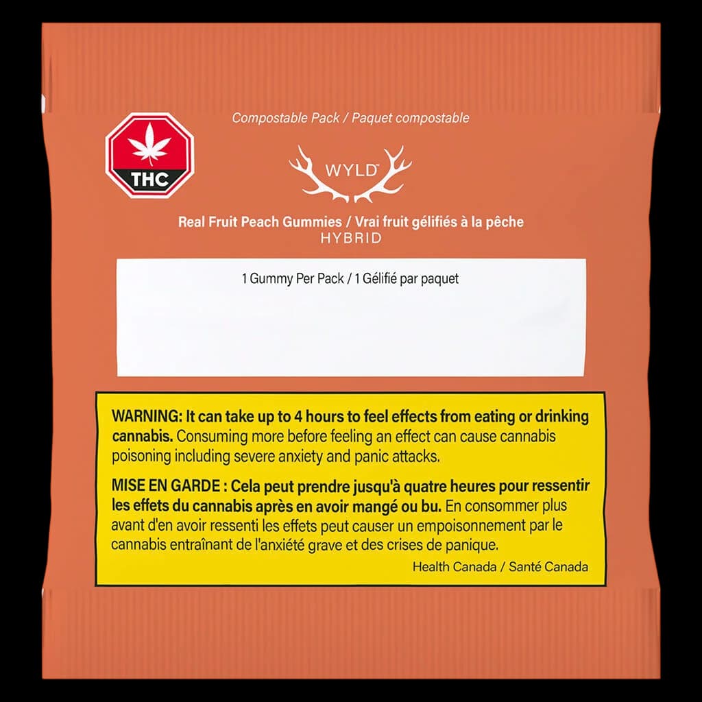 Wyld Real Fruit Peach Gummies hybrid cannabis edibles package, 1 gummy per pack, compostable packaging with Health Canada warning label