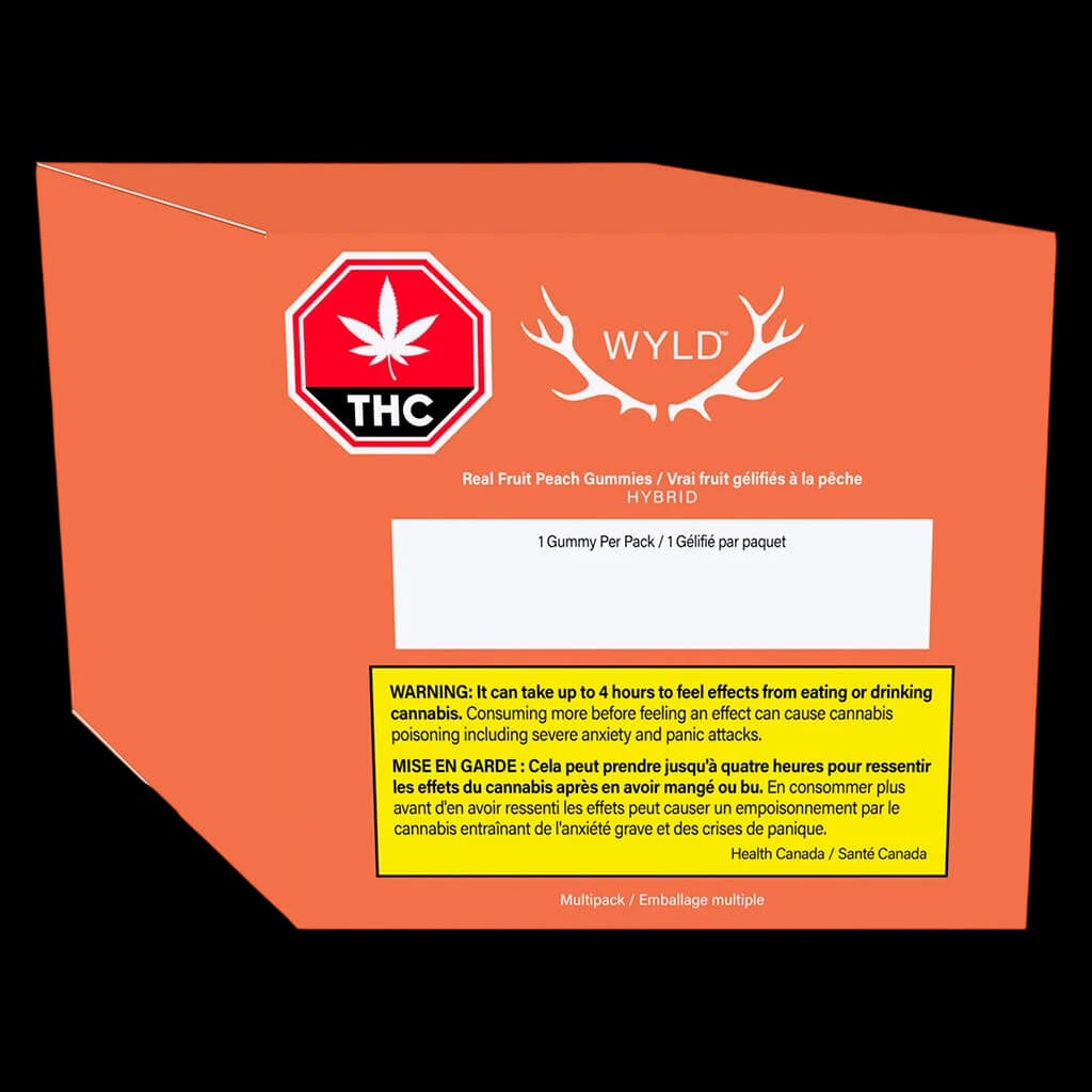 Wyld Real Fruit Peach Gummies hybrid cannabis edibles multipack with red THC warning symbol and yellow Health Canada warning label