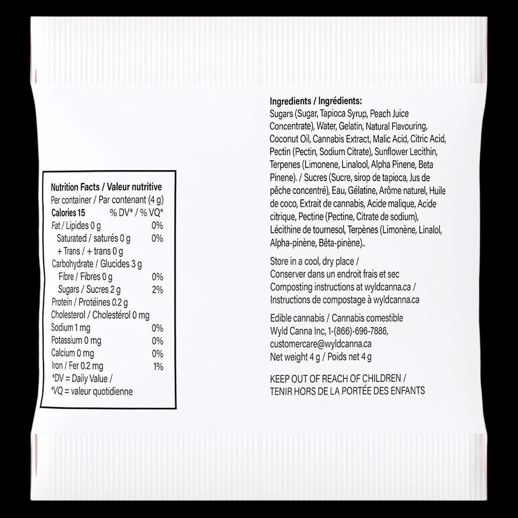 Wyld Real Fruit Peach Hybrid Gummies 3:1 CBD:THC package rear panel showing nutrition facts, ingredients, and storage instructions, 4g net weight