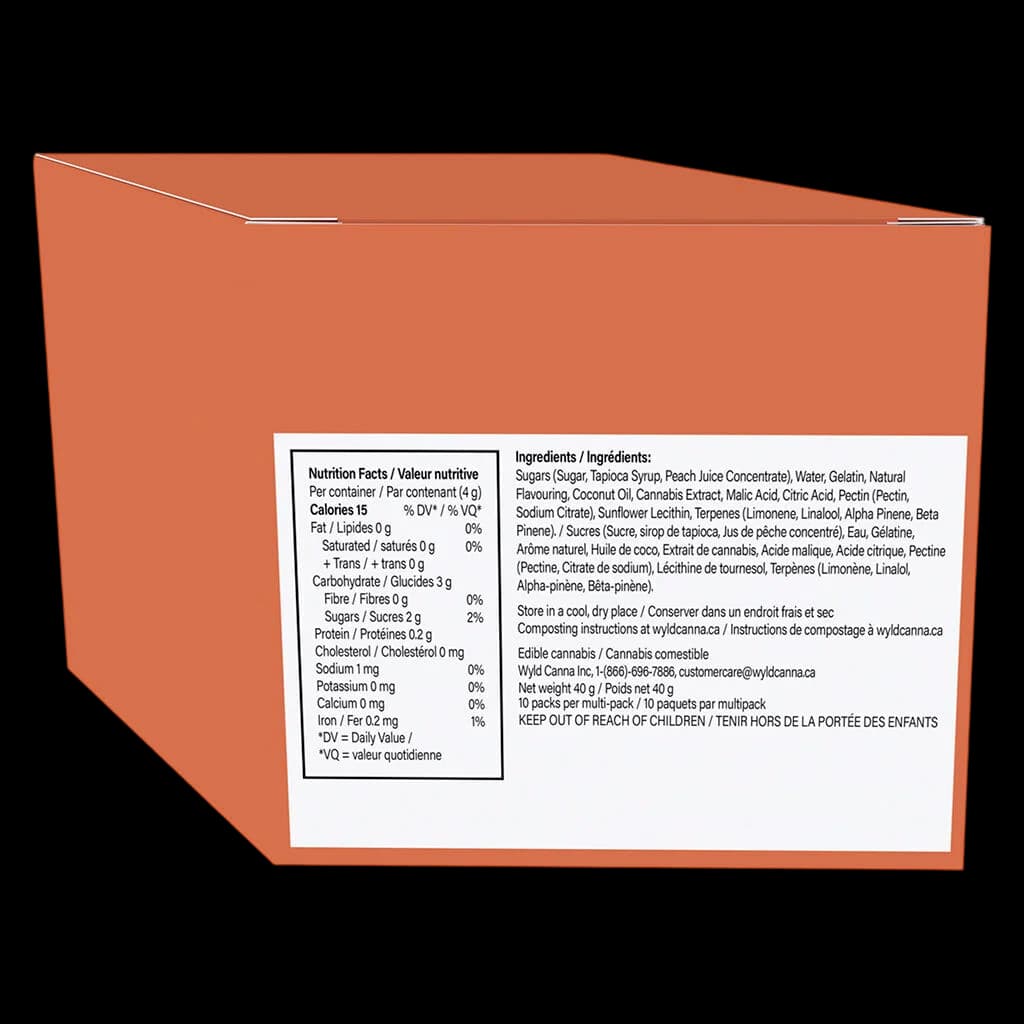 Wyld Real Fruit Peach Hybrid Gummies 3:1 CBD:THC 10-pack multipack box rear panel showing nutrition facts, ingredients, and regulatory information