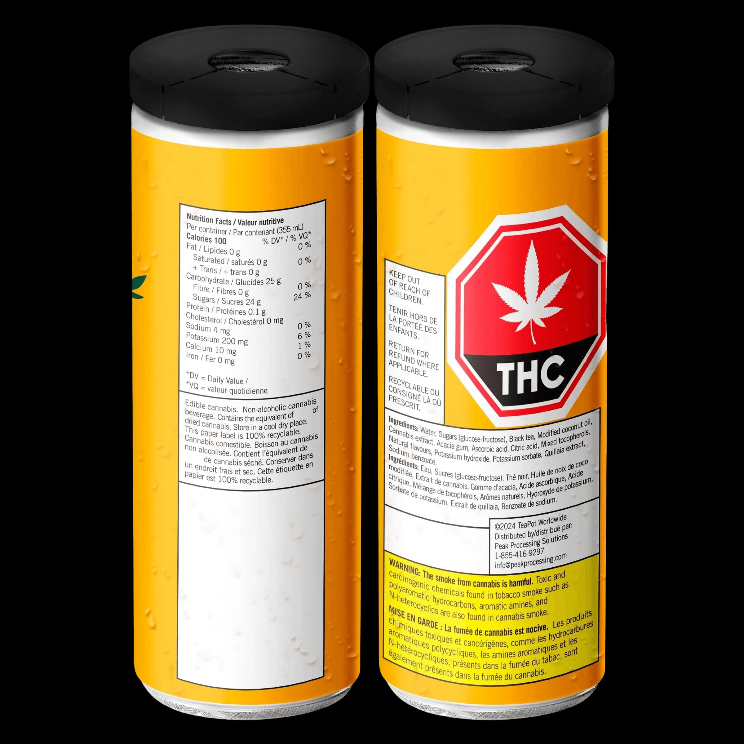 Teapot Rosin Infused Lemon Black Tea cannabis beverage, 355mL can with yellow label, nutrition facts and THC warning symbol visible